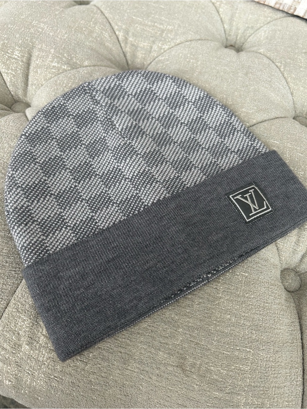 Louis Vuitton Gray Patterned Knit Beanie with Logo Patch